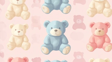 A playful pattern of colorful teddy bears on a soft pink background.