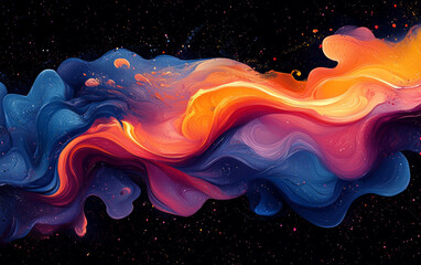 The dynamic interplay of rich blues, fiery oranges, and soft pinks creates a sense of movement and depth, reminiscent of interstellar clouds or vibrant liquid formations