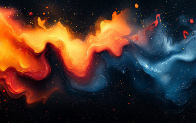 The dynamic interplay of rich blues, fiery oranges, and soft pinks creates a sense of movement and depth, reminiscent of interstellar clouds or vibrant liquid formations