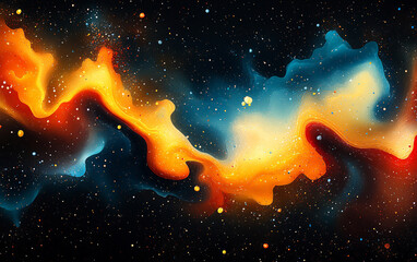 The dynamic interplay of rich blues, fiery oranges, and soft pinks creates a sense of movement and depth, reminiscent of interstellar clouds or vibrant liquid formations