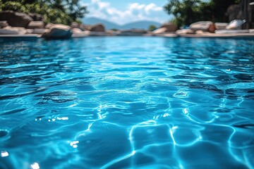 Obraz premium Pool water surface, sunny resort, blurred background.