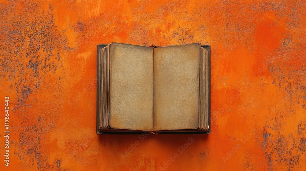 Poster minimalist top view of an open sketchbook on a vibrant orange surface, with text space on either sid