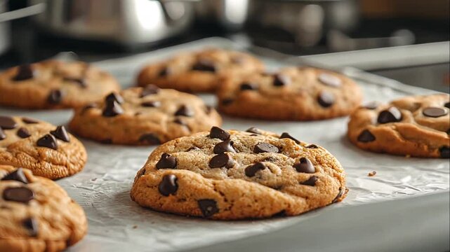 Close-up of several freshly baked chocolate chip cookies on baking paper.