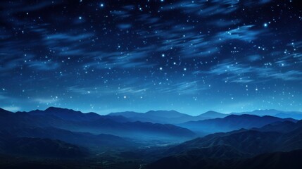 Fototapeta premium A surreal starry night, with glowing stars casting soft light over undulating abstract blue hills, swirling patterns of celestial light filling the sky, creating a dreamy and magical nighttime artwork