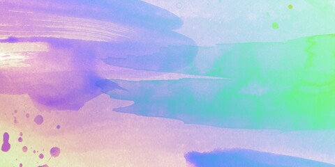 Abstract Watercolor Background with Purple, Green, and Pink Washes and Watercolor Splatters