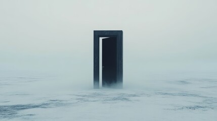An open door stands alone in a foggy, desolate landscape, evoking mystery and the concept of new opportunities.