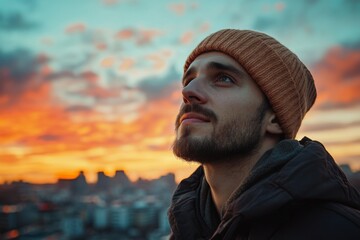 Young man wearing a beanie outdoors during sunset