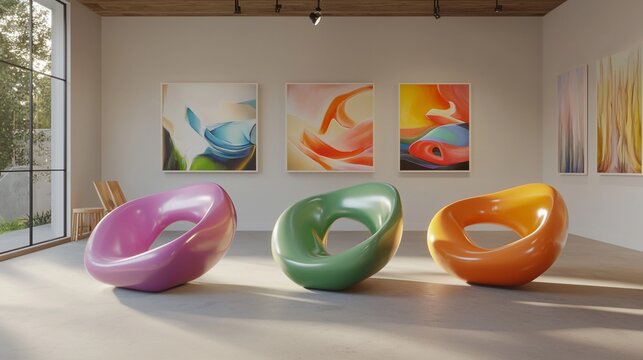 Three colorful modern chairs in art gallery.