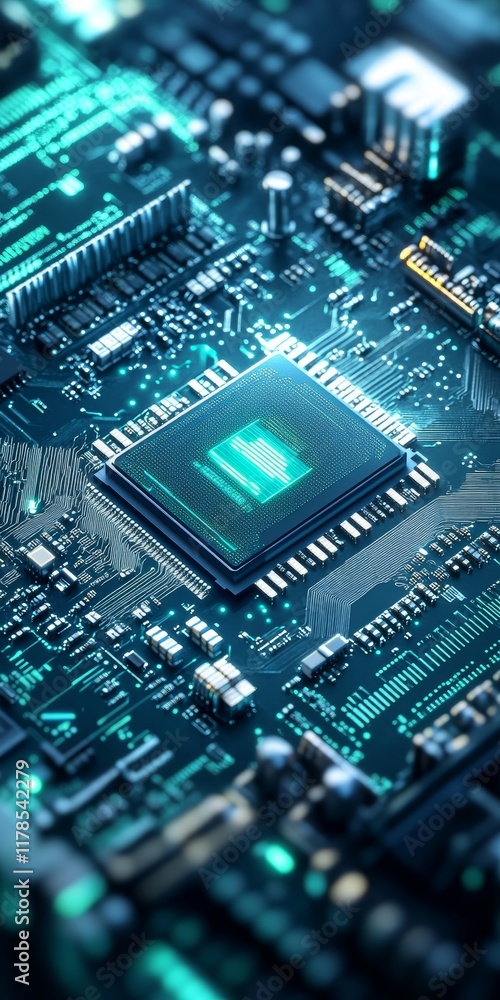 Poster detailed view of a microchip on a circuit board, showcasing intricate technology and glowing lights.