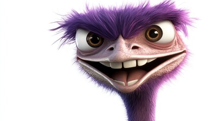 A cartoon-style purple ostrich with a mischievous expression.