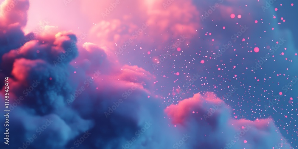 Poster explore an abstract digital background featuring soft clouds in blue and pink tones, enriched with f