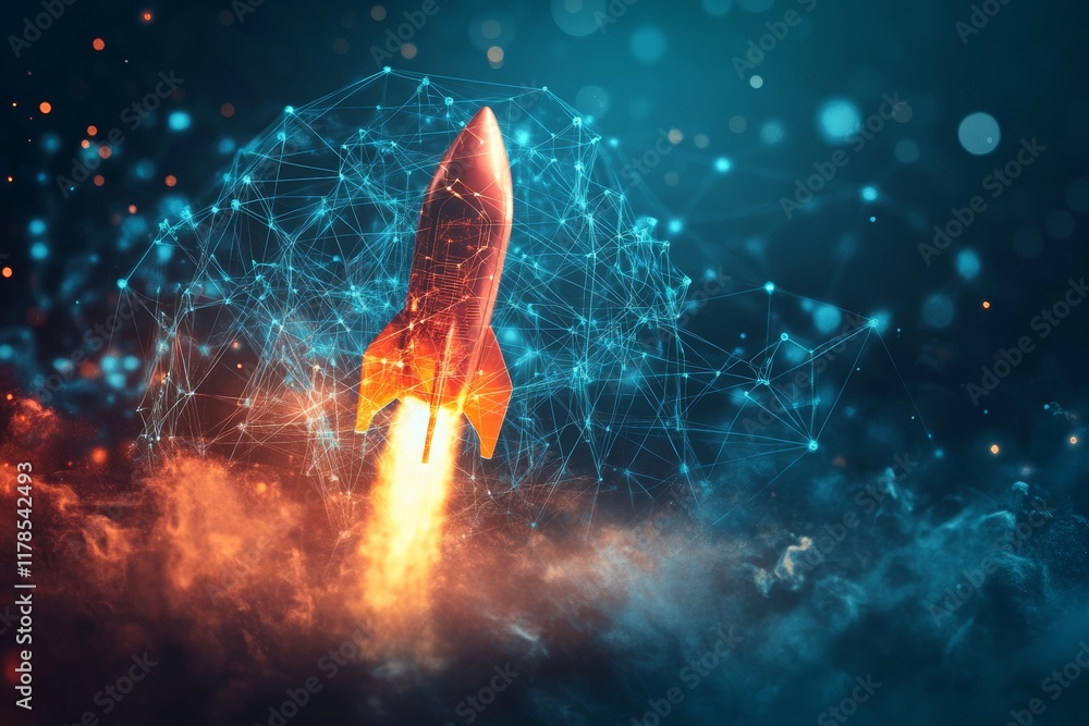 Poster explore a vibrant digital representation of a rocket morphing into a graphical network, symbolizing 