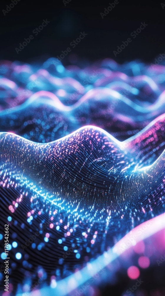 Poster abstract digital landscape with vibrant neon waves and glowing particles, creating a futuristic and 