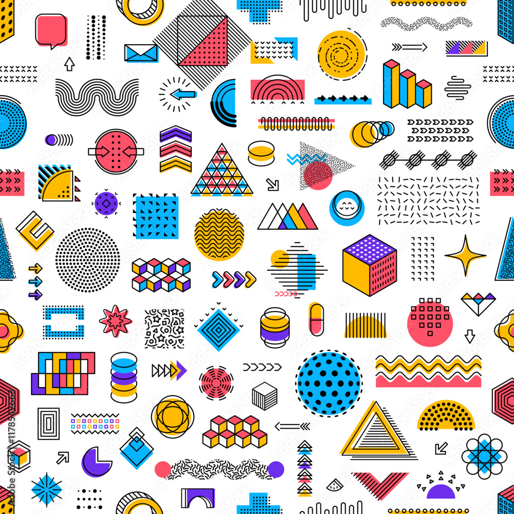 Aufkleber Geometric modern Memphis element shapes in seamless pattern, vector background. Memphis pattern of modern or retro Y2K geometric shapes and isometric elements or figures in minimal linear design
