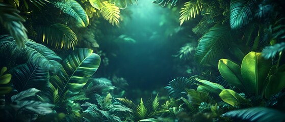 A magical image framed by glowing green tropical leaves on a dark background. Perfect as a design background for a fantasy atmosphere or a glowing nature theme, with a mysterious, enchanting feel.