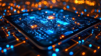 Illuminated tablet displaying internal circuitry, glowing components, technological concept.