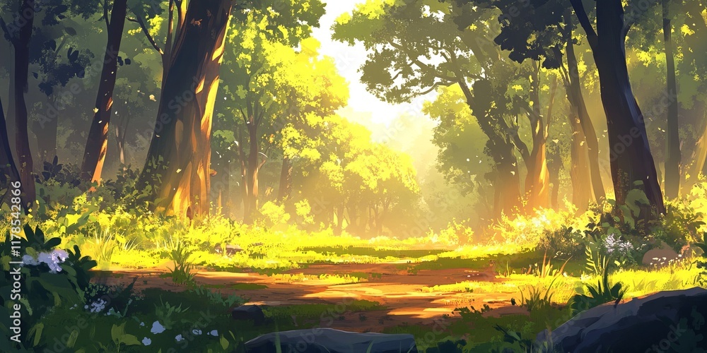 Aufkleber a picturesque view of a serene forest pathway illuminated by soft sunlight. the lush greenery and ta