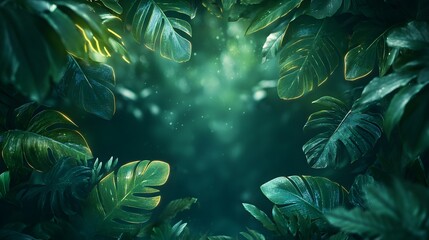 A magical image framed by glowing green tropical leaves on a dark background. Perfect as a design background for a fantasy atmosphere or a glowing nature theme, with a mysterious, enchanting feel.