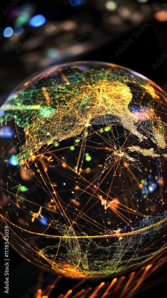 Poster a glowing digital globe showcasing interconnected networks, symbolizing global communication and tec