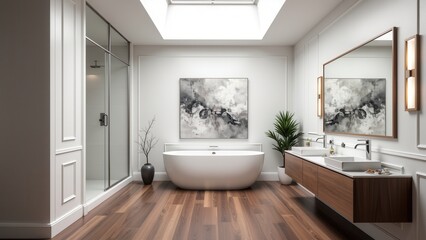 Sleek, modern bathroom with a stunning skylight above a freestanding tub, set against crisp white walls and warm hardwood floors