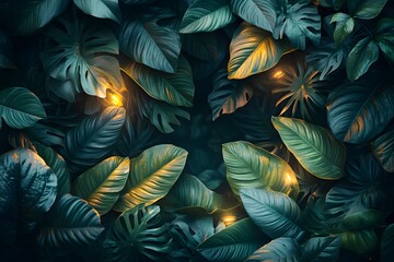 A magical image framed by glowing green tropical leaves on a dark background. Perfect as a design background for a fantasy atmosphere or a glowing nature theme, with a mysterious, enchanting feel.