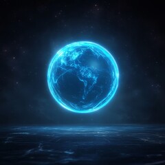 A digital hologram of Earth glowing in blue, floating in space against a dark, starry background, symbolizing technology and innovation.
