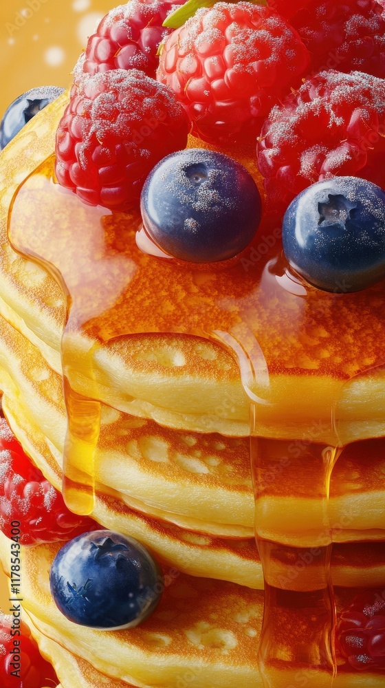 Poster fluffy pancakes stacked high with syrup and fresh berries creating a delightful breakfast experience