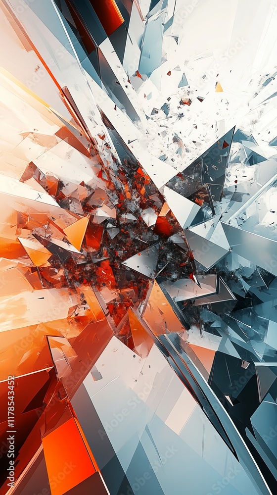Poster dynamic abstract artwork featuring a geometric explosion of red and blue shards, creating a futurist