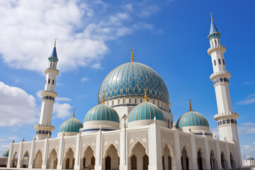 Obraz premium Majestic Blue-Domed Mosque with Four Minarets Under a Clear Blue Sky. Ai generative