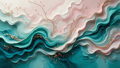 Fototapeta premium An ethereal abstract painting showcasing a palette of emerald green, turquoise, and soft pastel pink, accented by subtle hints of rose gold, wave-like forms, fluid textures, rippling motion, water 