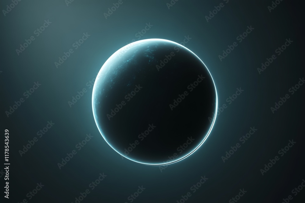 Poster a black and white image of a planet. the planet is round and has a blue tint. the background is dark
