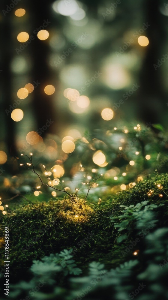 Poster discover the tranquility of moss green and beige bokeh lights in a serene forest habitat