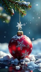 A single snowflake gently falls onto the ornament's surface, crystal, gentle, falling