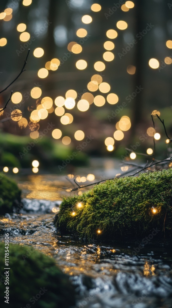 Aufkleber Soft moss green and muted beige bokeh lights illuminate a calm stream flowing through a serene forest setting