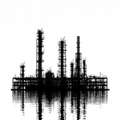 Obraz premium Oil Refinery Silhouette: Industrial Power and Reflection