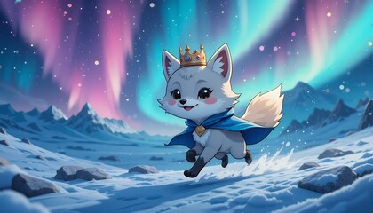 3D Cartoon Character Animal - Arctic Fox in Snowy Mountain Landscape Wearing a Blue Cape with a Crown - Joyful and Playful Vibes