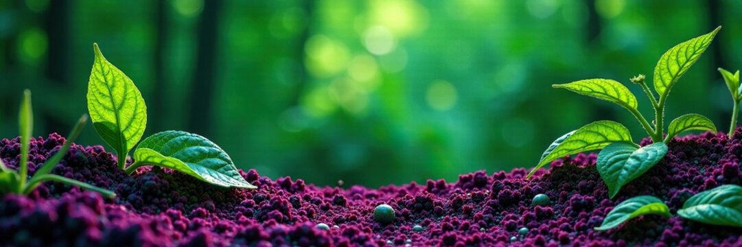 Verde y morado en un fondo de madera y tierra seca, morado, madera