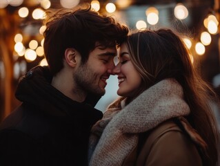 Fototapeta premium Couple sharing a romantic kiss under string lights in an enchanting outdoor setting at twilight
