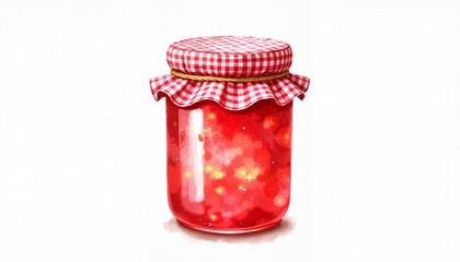 Rustic jar of homemade red jam with gingham lid isolated on clean white background for food lovers