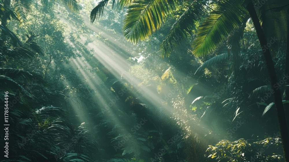 Poster Sunlight filters through dense trees in an enchanting forest creating a peaceful and magical atmosphere