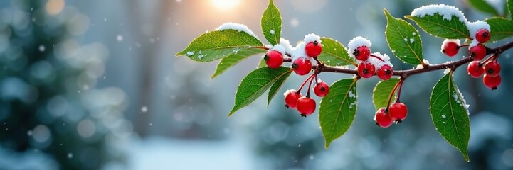 Evergreen honeysuckle branch with red berries Lonicera xylosteum foliage, snow-covered, winter