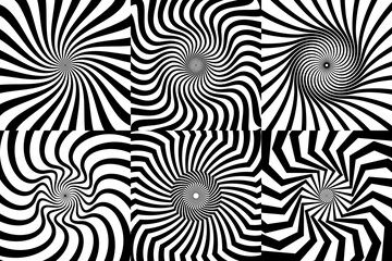 Psychedelic hypnotic spiral pattern backgrounds of vector hypnosis swirls. Optical illusion effect of geometric vortex or spin wheels in hypnotic spiral pattern with circular warp of wormhole tunnel
