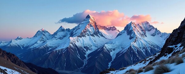 Majestic Andean mountain range at golden hour with snow, blue sky, snowy peaks, scenery