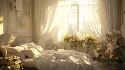 Serene bedroom with morning light filtering through curtains