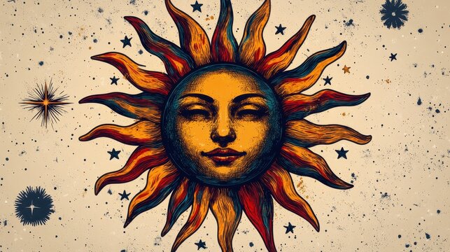 Serene face sun with stars and cosmic dust.