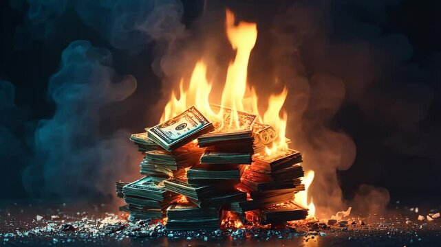 Dramatic Visual of Burning Currency Pile: A Metaphor for Economic Instability and Waste