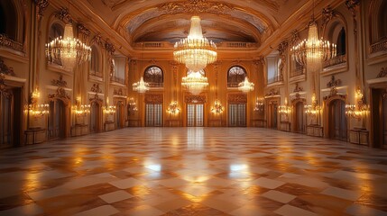 A grand ballroom featuring elegant chandeliers, ornate decor