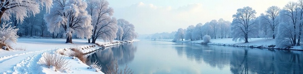 Snow-covered embankment with frosty trees, frozen river Sukhona in winter landscape, frost, snow, nature