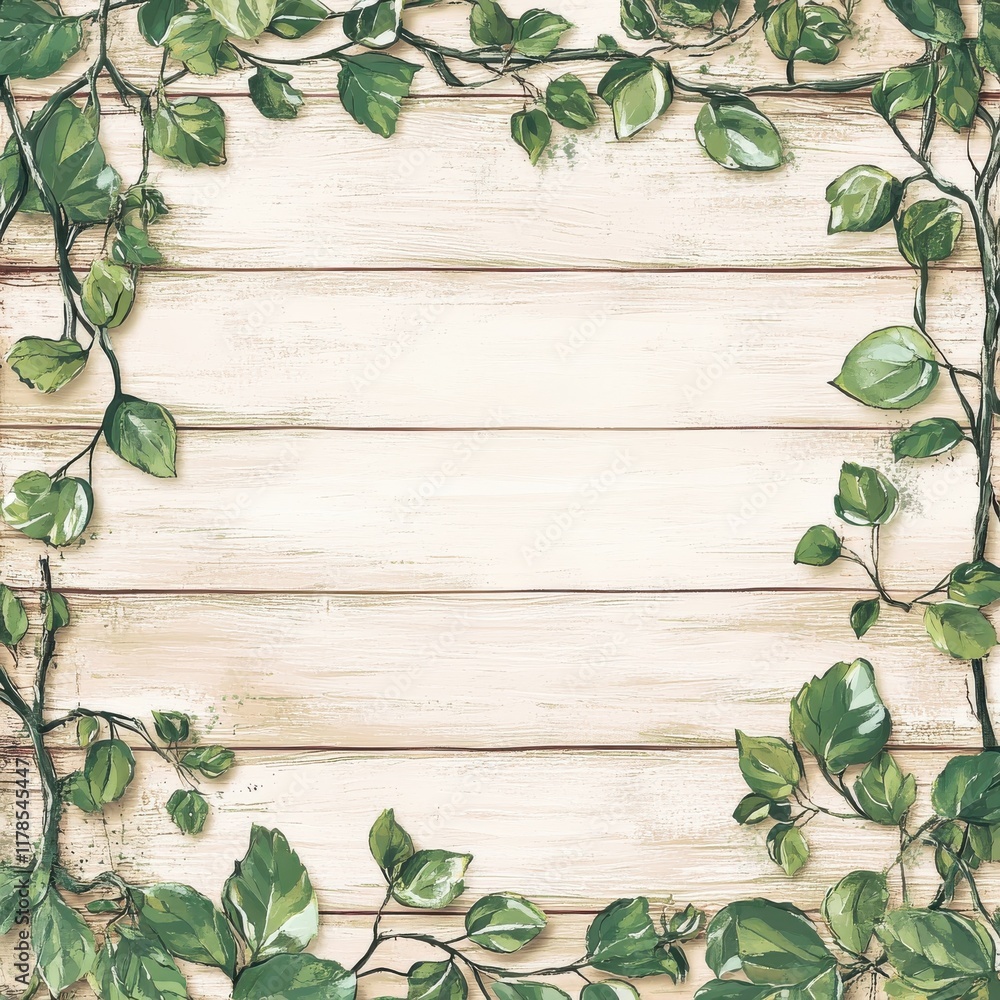 Aufkleber rustic wood grain background with leafy garlands framing a clean white center for creative text disp