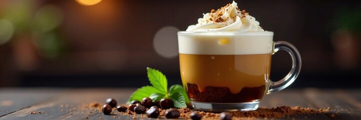 glass cup filled with icy coffee and topped with fluffy whipped cream, liquid, glass, coffee